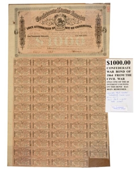 1864 Confederate War Bond ($1000) with 59 interest coupons attached